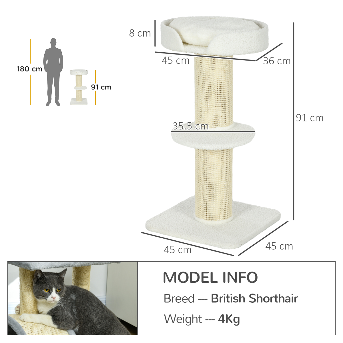 PawHut 2 Tier Cat Resting Tree with Top Basket Cushion Sisal Post Cream White