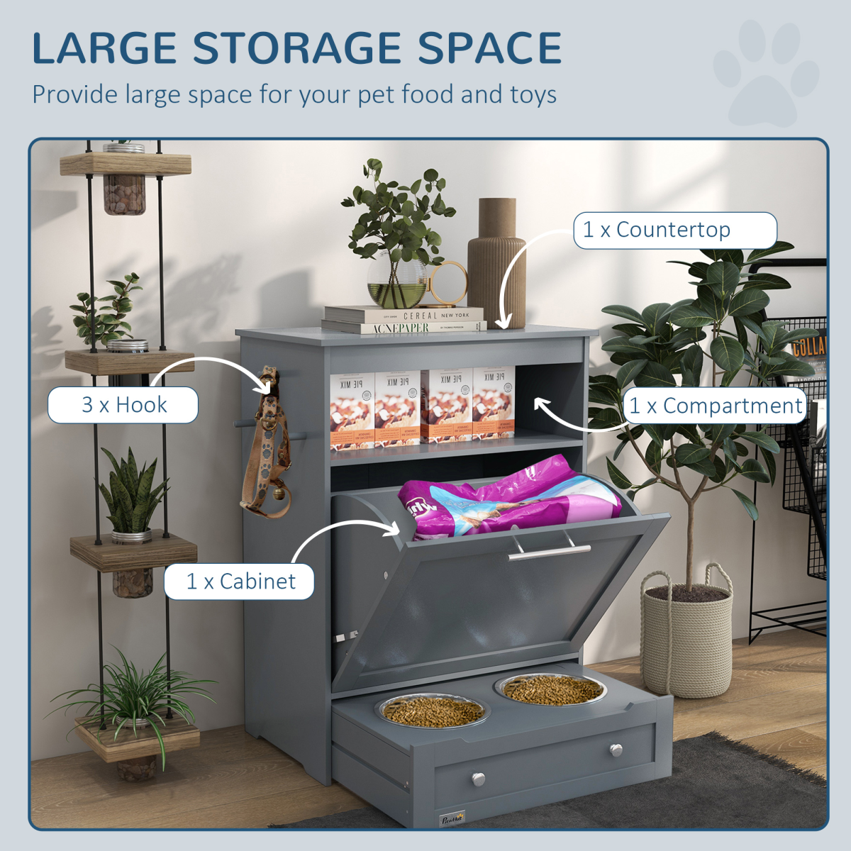 PawHut Pet Feeder Station Dog and Cat Food Storage Feeding Station Food Cabinet