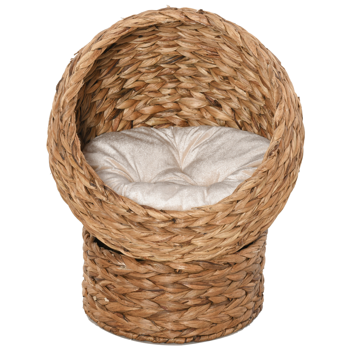 PawHut Elevated Kitten Hooded Rattan Cat House Basket Cushion, 52x42x60cm Brown