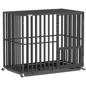 PawHut Heavy Duty Dog Crate, Dog Cage with Wheels for Small Medium Breeds, Metal Pet Kennel with Removable Tray
