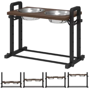PawHut Raised Dog Bowls with Stand, 4 Heights Adjustable Pet Feeder with 3 Adjustable Angles for Small, Medium & Large Breeds, Brown