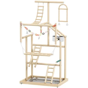 PawHut 95 cm Wooden Bird Playground with Ladders, Chain Toy, Stainless Steel Cups and Tray, Bird Cage Accessories, Natural