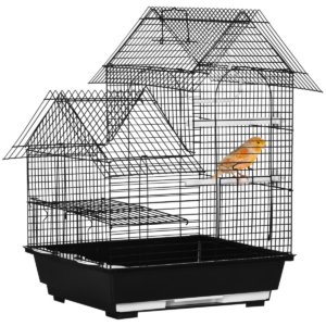Metal Bird Cage w/ Plastic Perch, Food Container, Swing Ring, Handle - Black